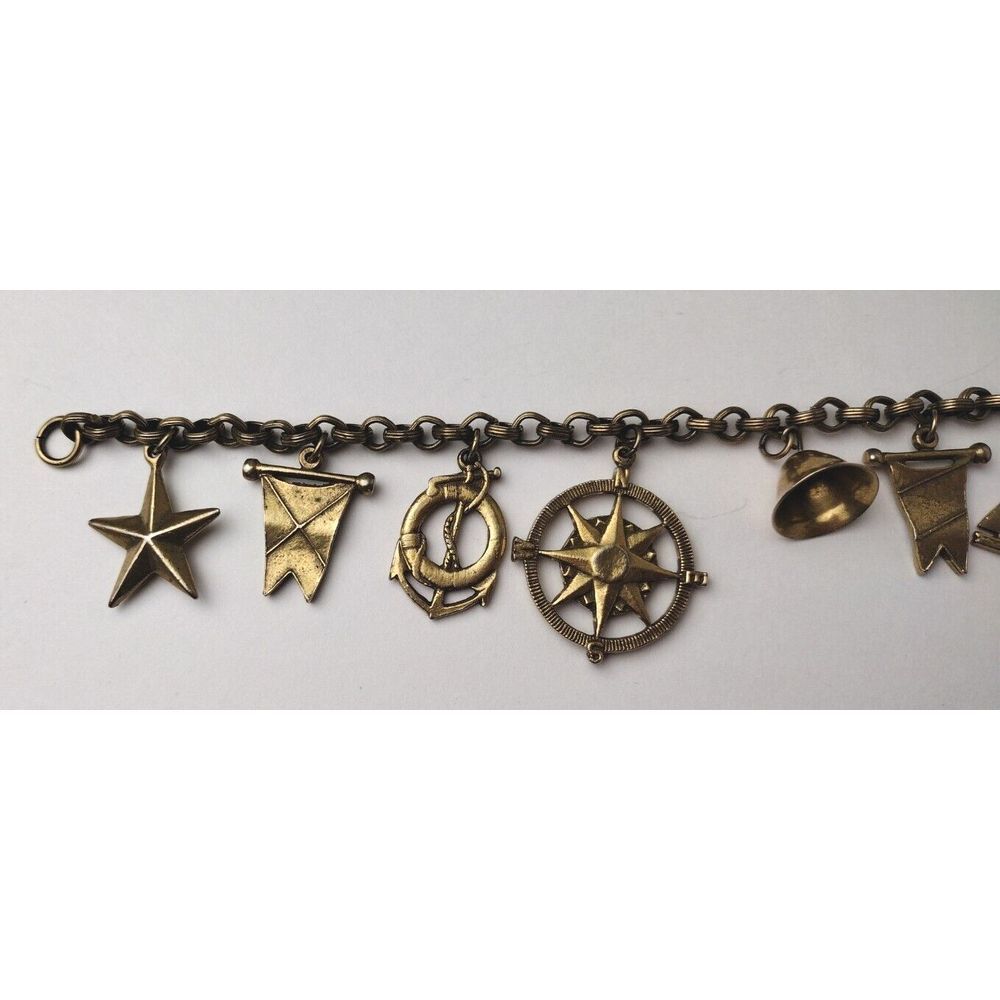 Vintage Coro Antiqued Gold Tone Nautical‎ Theme Charm Bracelet Sailboat Anchor - Picture 2 of 5
